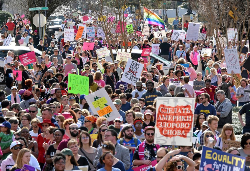 A large crowd gathers at the Capitol for the Women's March on Jackson, Miss., as people across the nation rally in support of women's rights Saturday, Jan. 21, 2017. (Elijah Baylis/The Clarion-Ledger, via AP) NYTCREDIT: Elijah Baylis/The Clarion-Ledger, via Associated Press